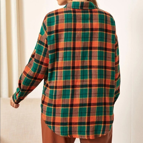 Women’s Plaid Green & Orange Drop Shoulder Blouse - Picture 3 of 5
